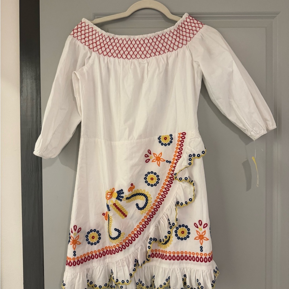 Tularosa White Off-Shoulder Dress with Red and Yellow Embroidery